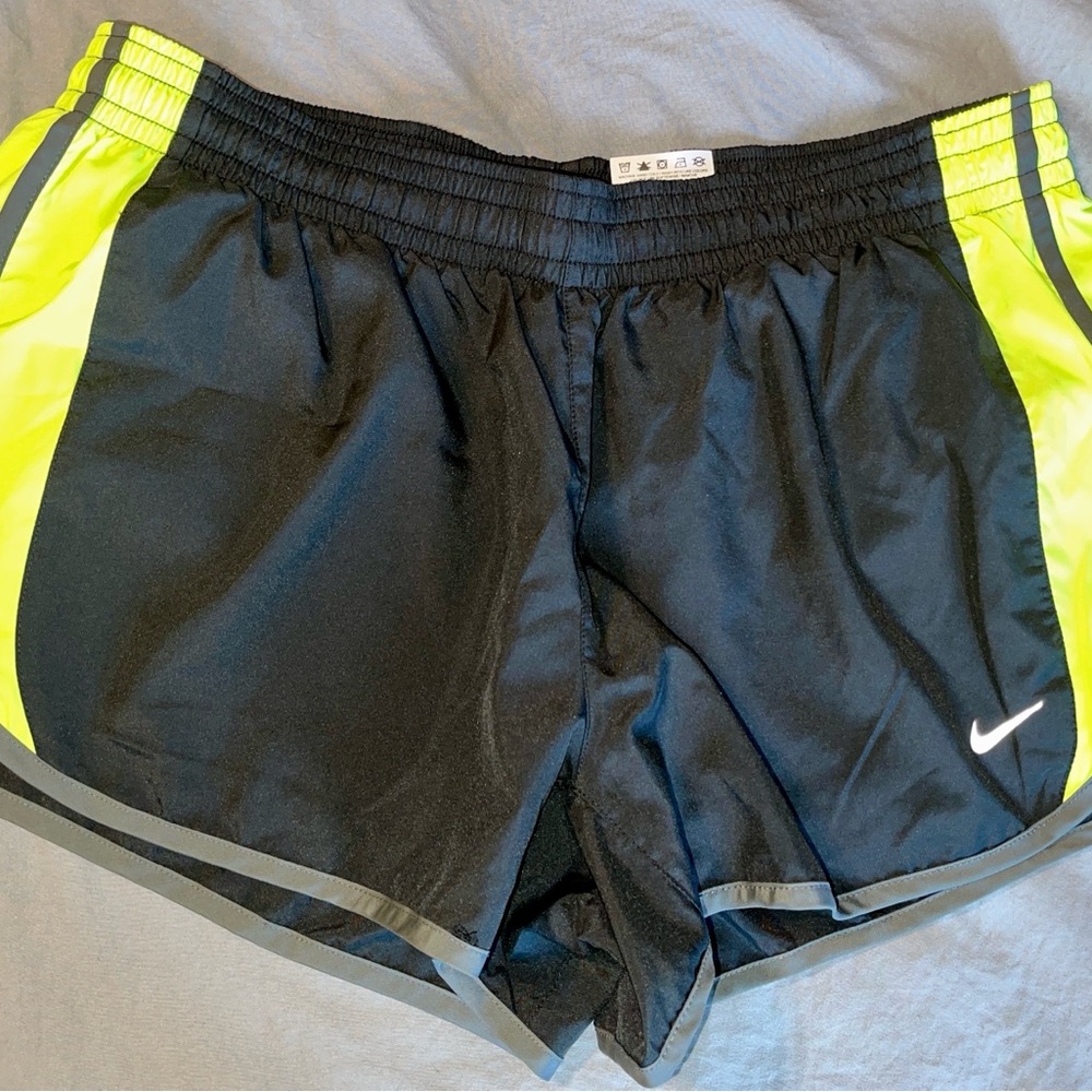 Nike Women's Black and Neon Yellow Athletic Shorts